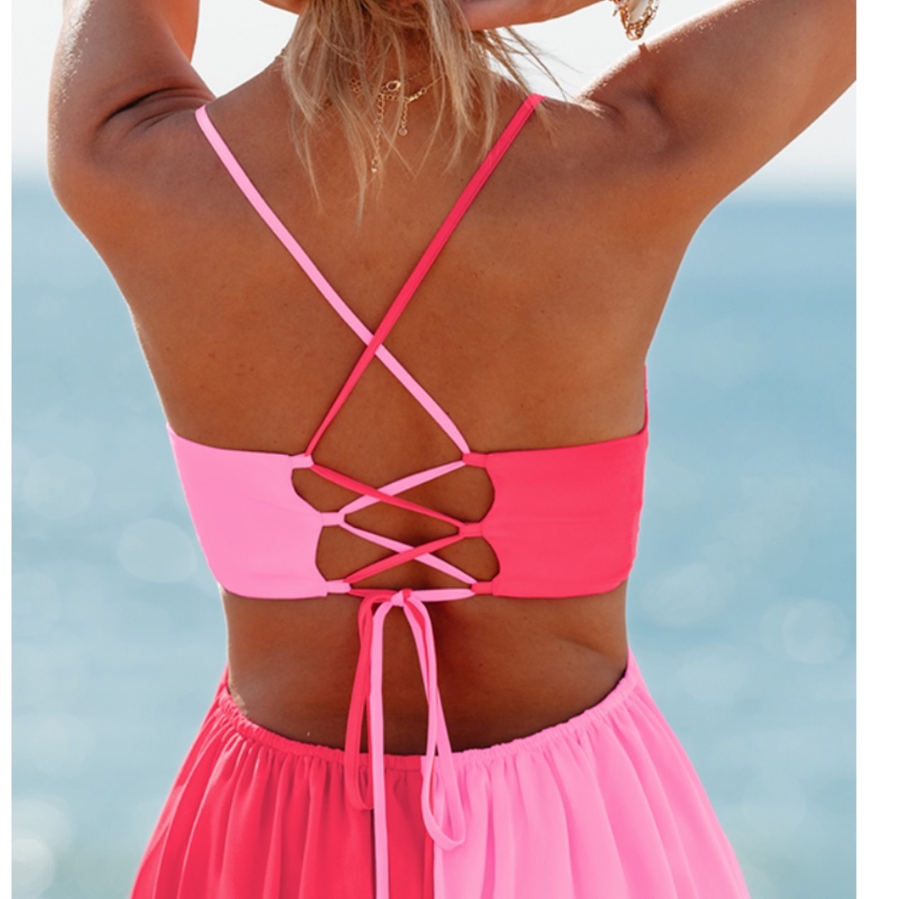 NWT Popvil A-Line Asymmetrical Red Pink Colorblock Dress. Size medium. - Picture 4 of 8